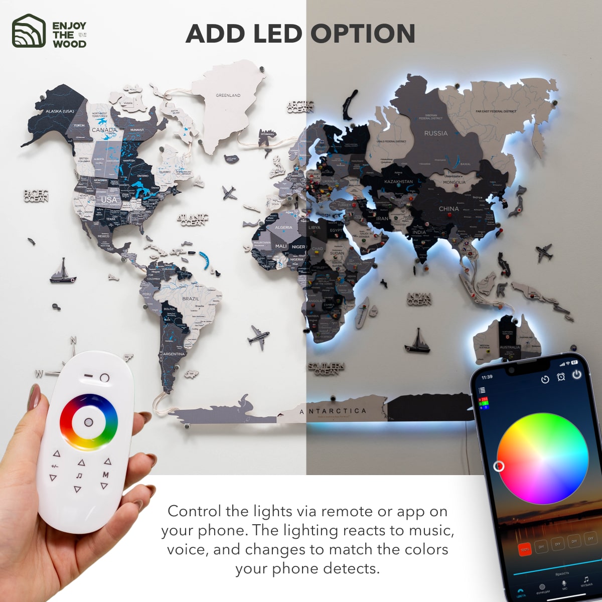 3D LED Wooden World Map Wall Art with Interactive Smart Backlight
