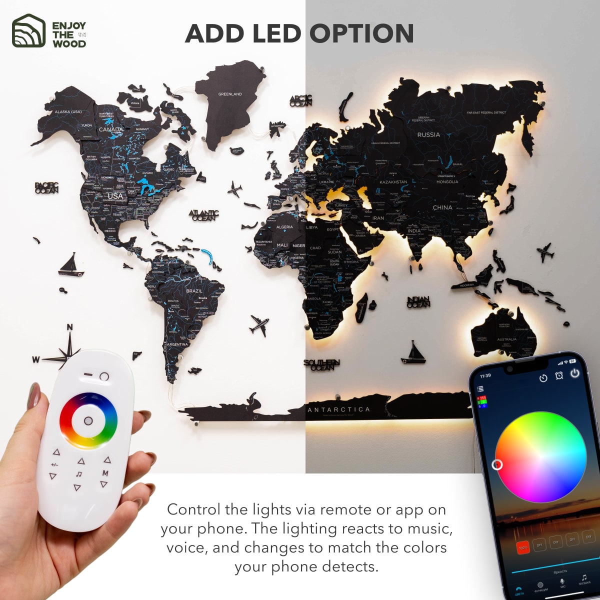 3D LED Luminous Wooden World Map 3.0 Space Interactive Wall Decor