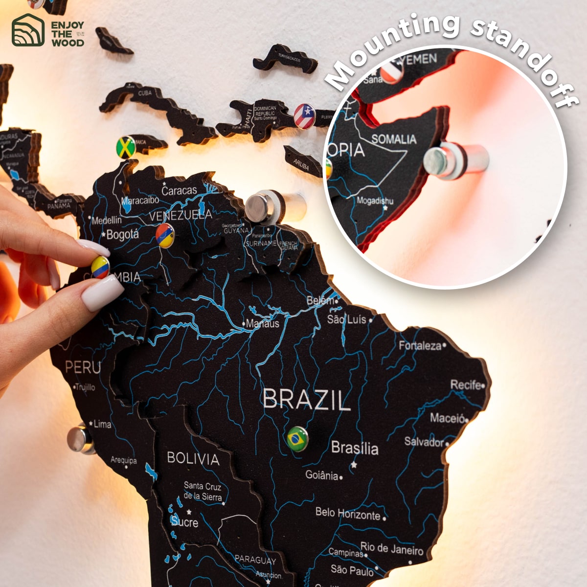 3D LED Wooden World Map 3.0 Midnight Edition with Smart Lighting