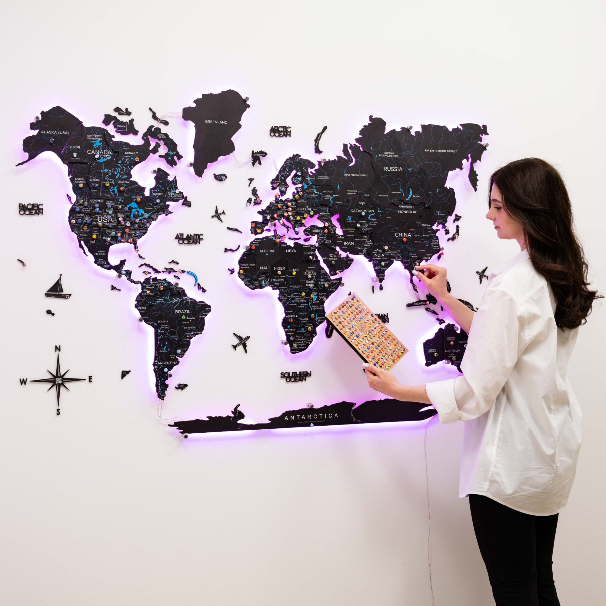 3D LED Wooden World Map 3.0 Midnight Edition with Smart Lighting