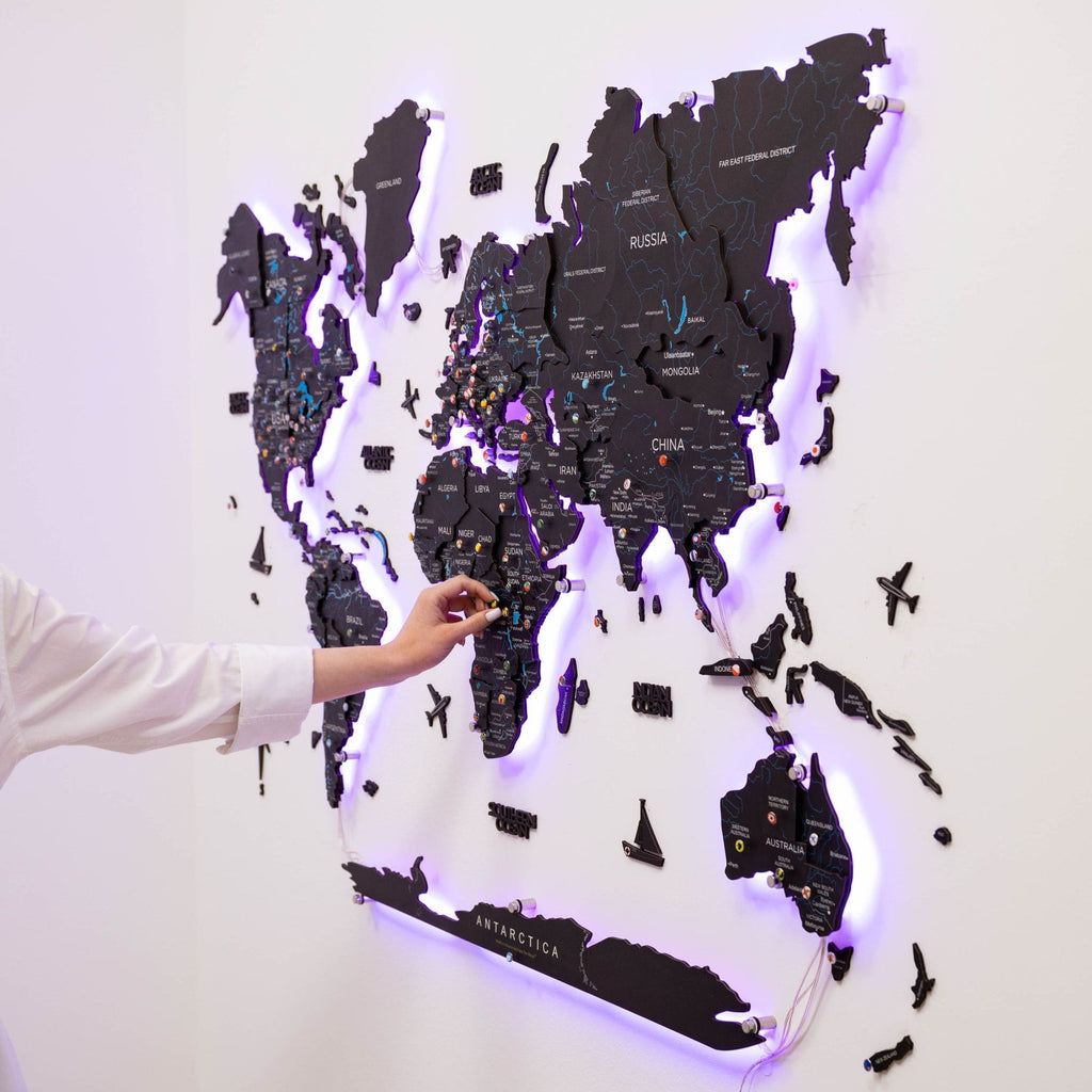 3D LED Wooden World Map 3.0 Midnight Edition with Smart Lighting