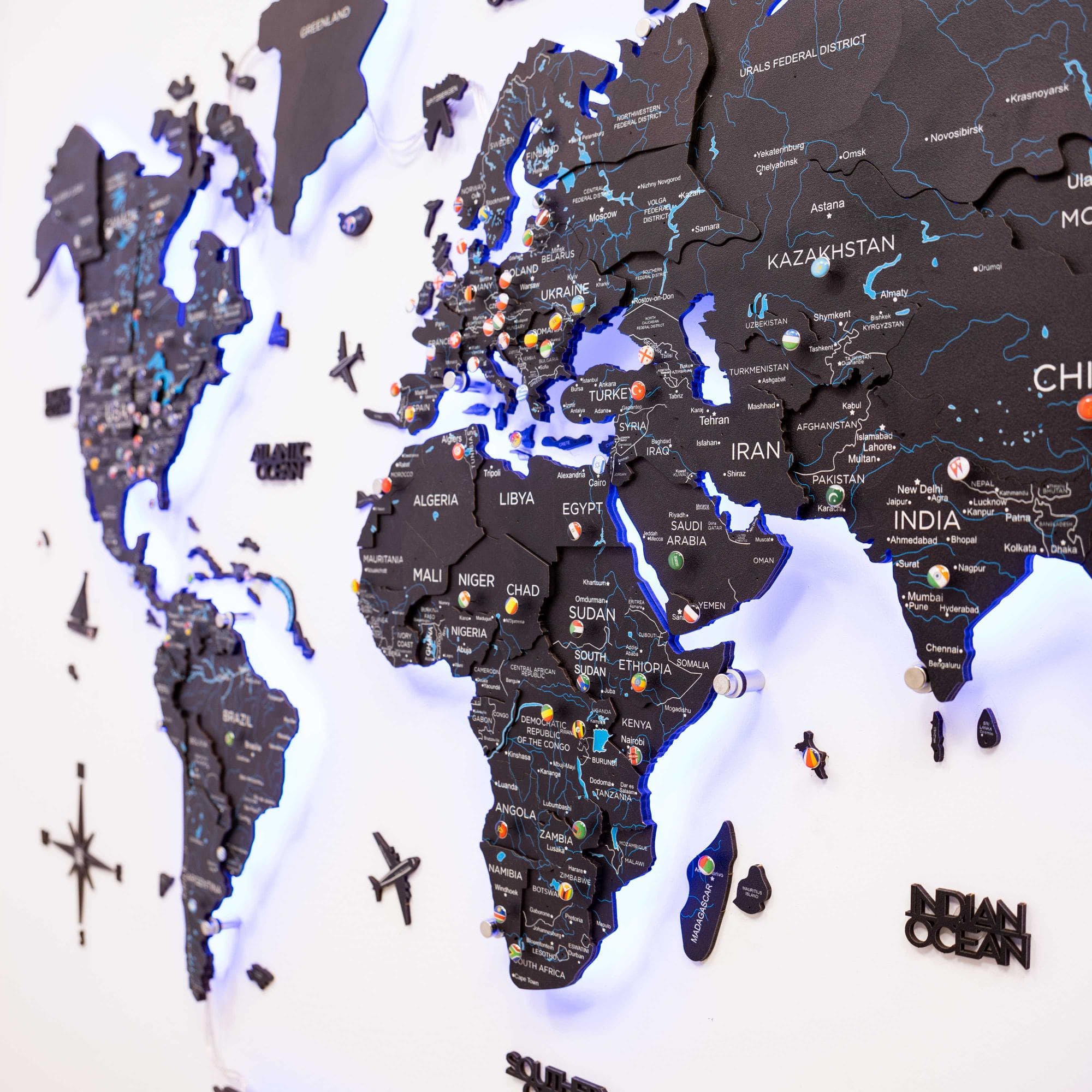 3D LED Wooden World Map 3.0 Midnight Edition with Smart Lighting