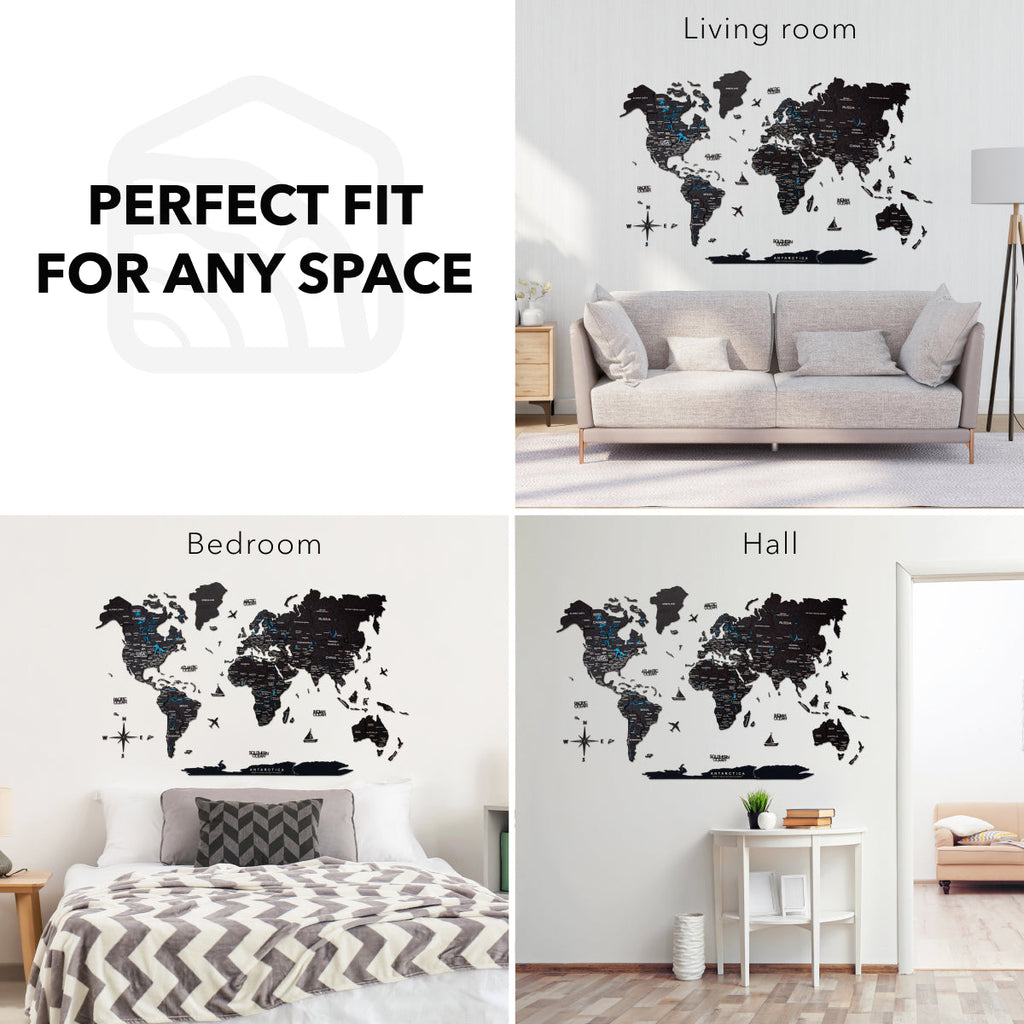 3D Wooden World Map Midnight - Modern Minimalist Wall Art
