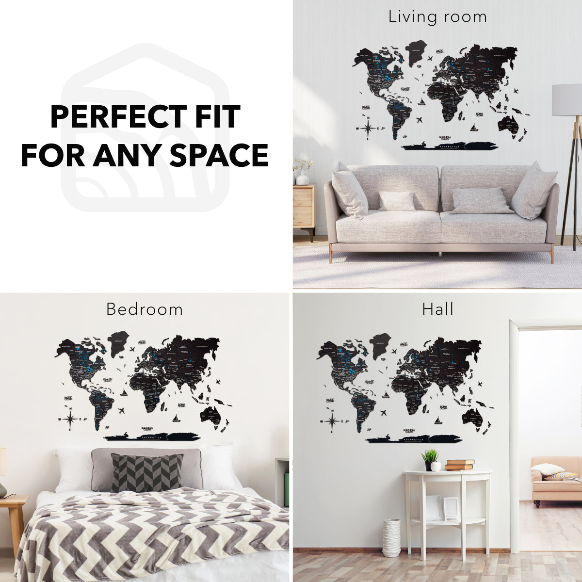 3D Wooden World Map Midnight - Modern Minimalist Wall Art