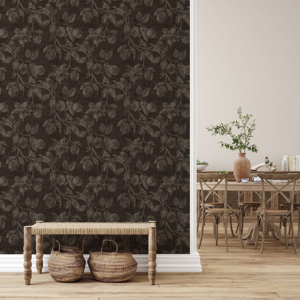 Monica's Orchard Botanical Floral Wallpaper in Dark Brown Espresso