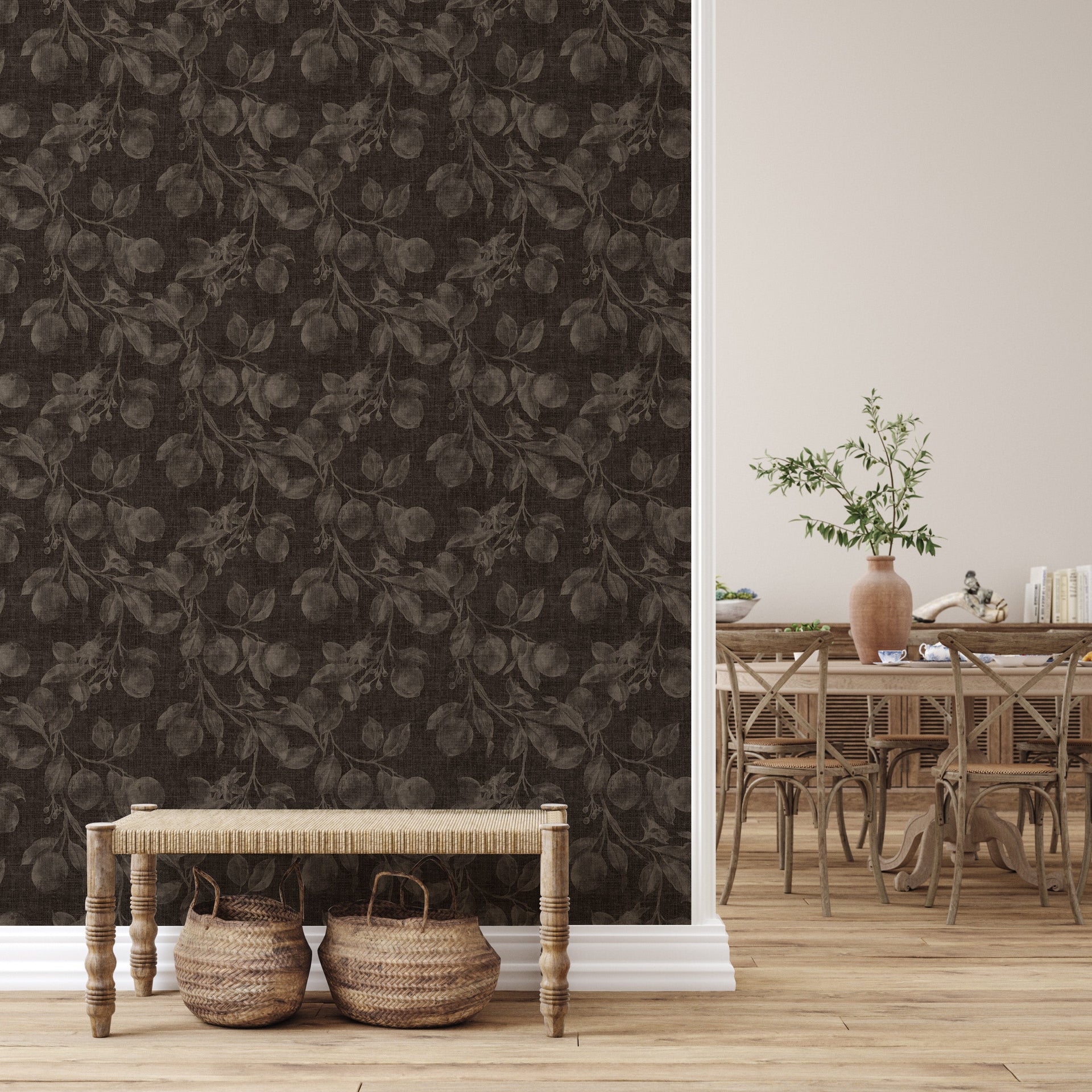 Monica's Orchard Botanical Floral Wallpaper in Dark Brown Espresso