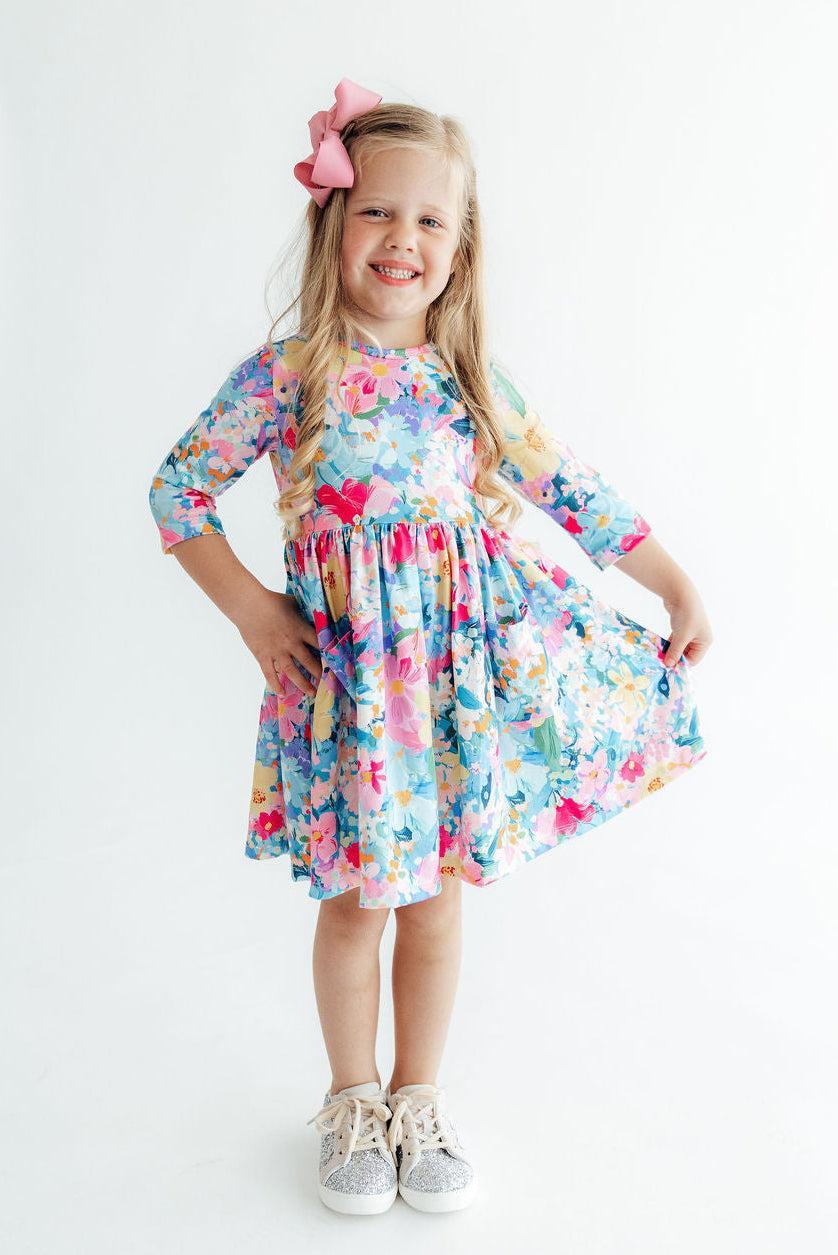 Flower Market 3/4 Sleeve Pocket Twirl Dress