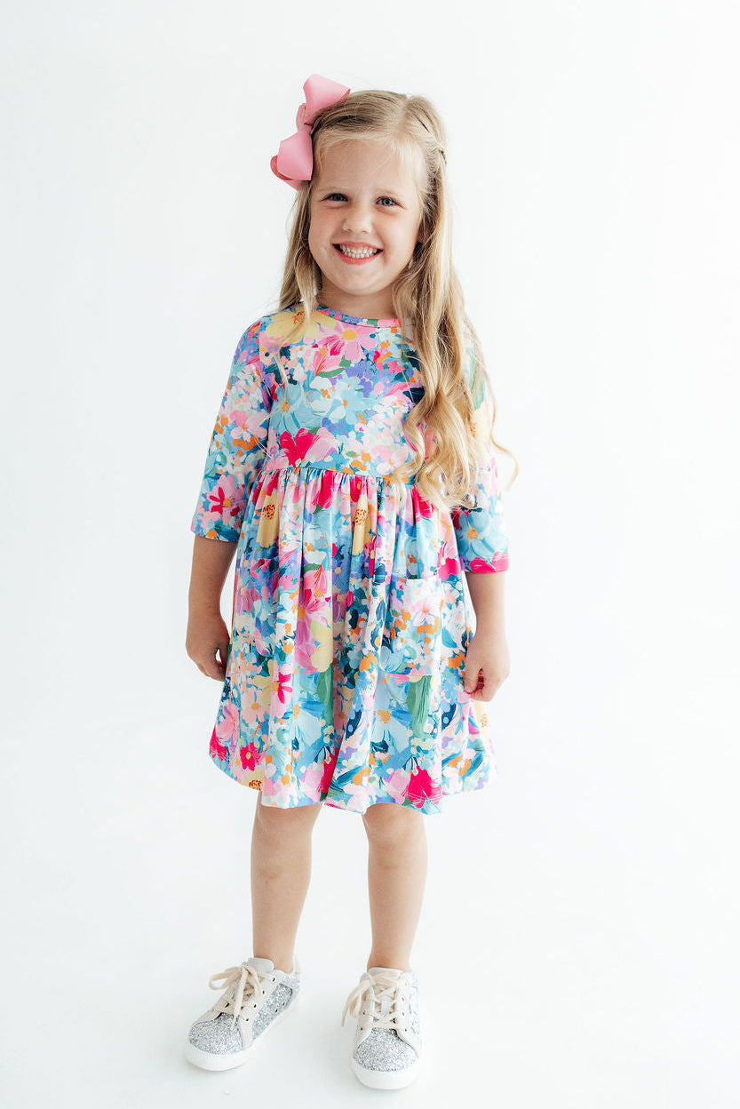 Flower Market 3/4 Sleeve Pocket Twirl Dress