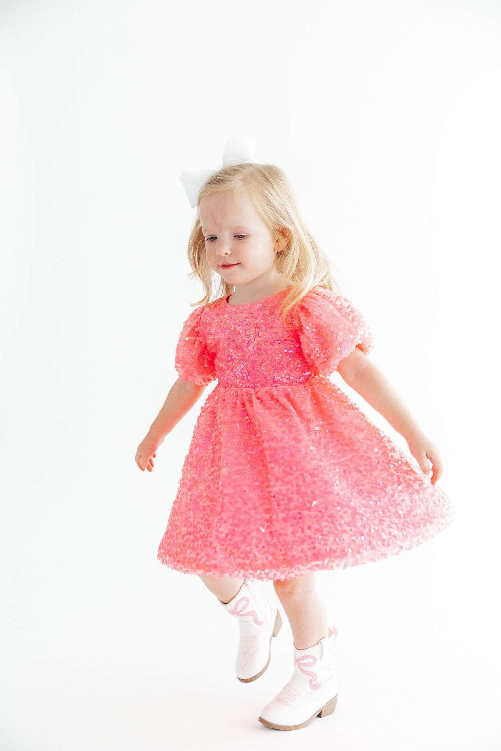 Neon Pink Puff Sleeve Sequin Dress