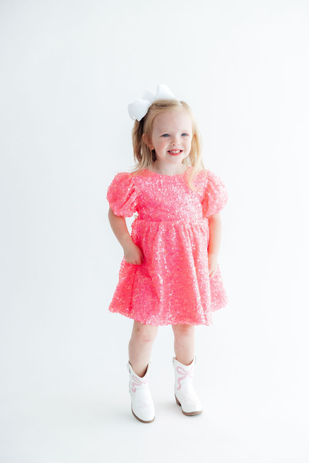 Neon Pink Puff Sleeve Sequin Dress