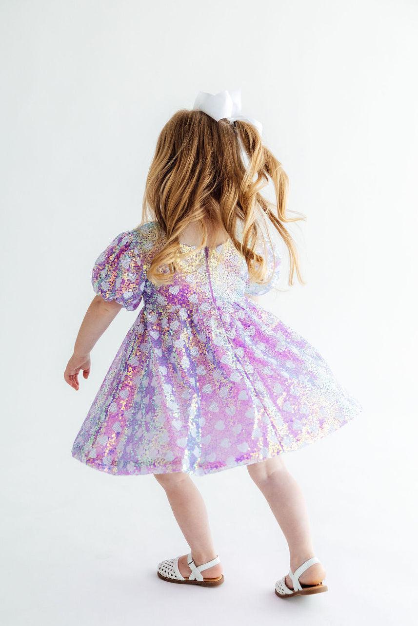 Periwinkle Heart Puff Sleeve Sequin Dress