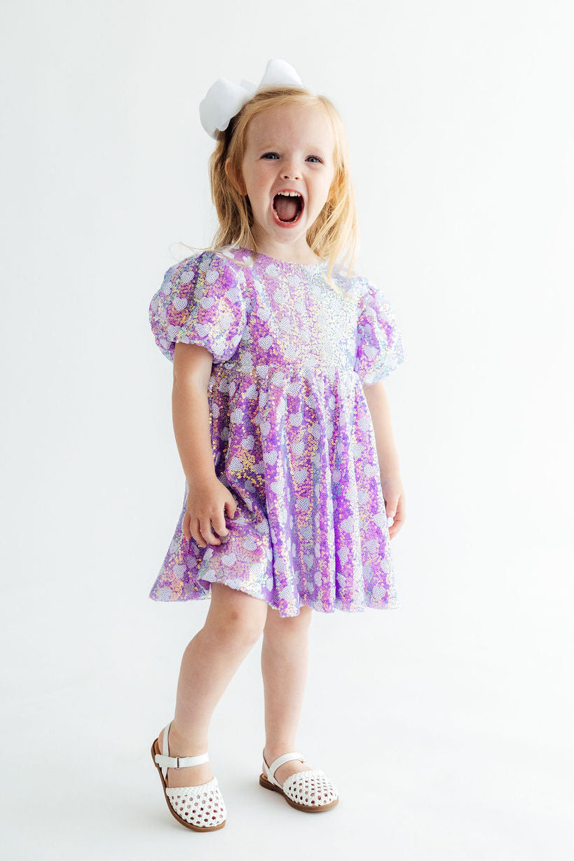 Periwinkle Heart Puff Sleeve Sequin Dress