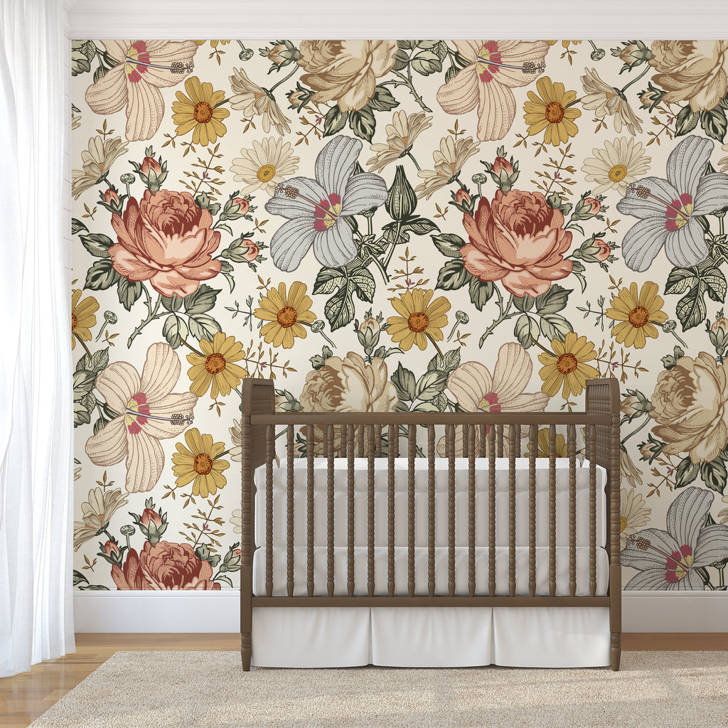 Mila Floral Bohemian Wallpaper in Cream, Orange, and Sage-Green