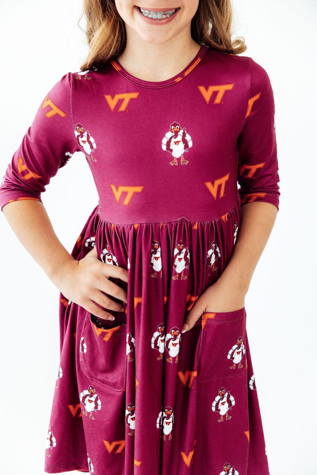 Virginia Tech Maroon Hokie 3/4 Sleeve Pocket Twirl Dress