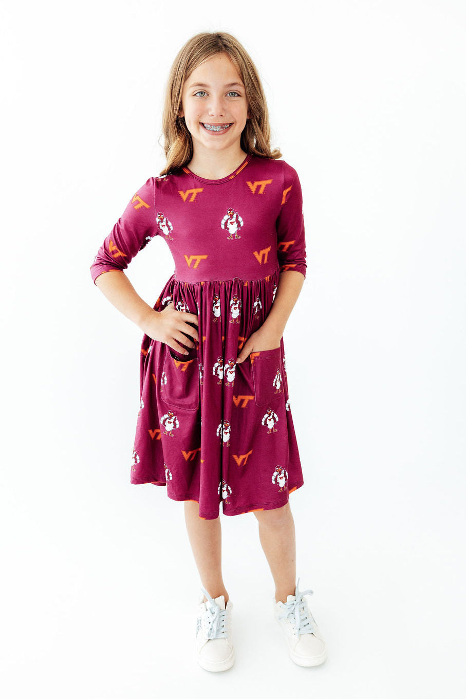 Virginia Tech Maroon Hokie 3/4 Sleeve Pocket Twirl Dress