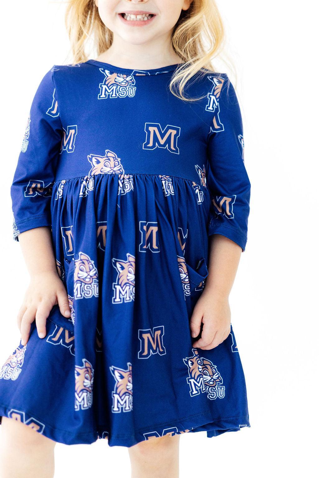 Montana State University Blue Bobcat 3/4 Sleeve Pocket Twirl Dress