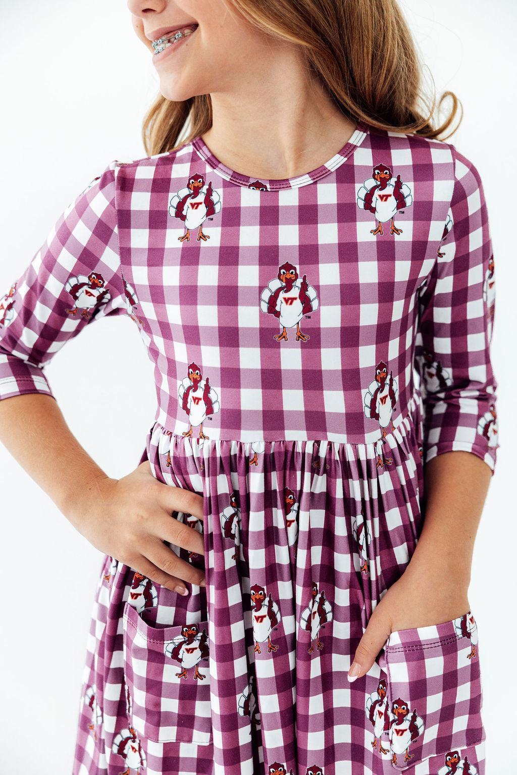Virginia Tech Plaid Hokie 3/4 Sleeve Pocket Twirl Dress