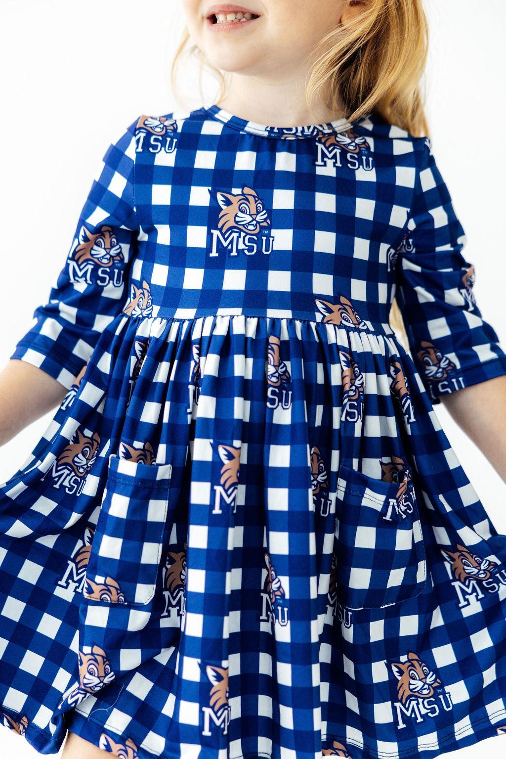 Montana State University Plaid Bobcat 3/4 Sleeve Pocket Twirl Dress