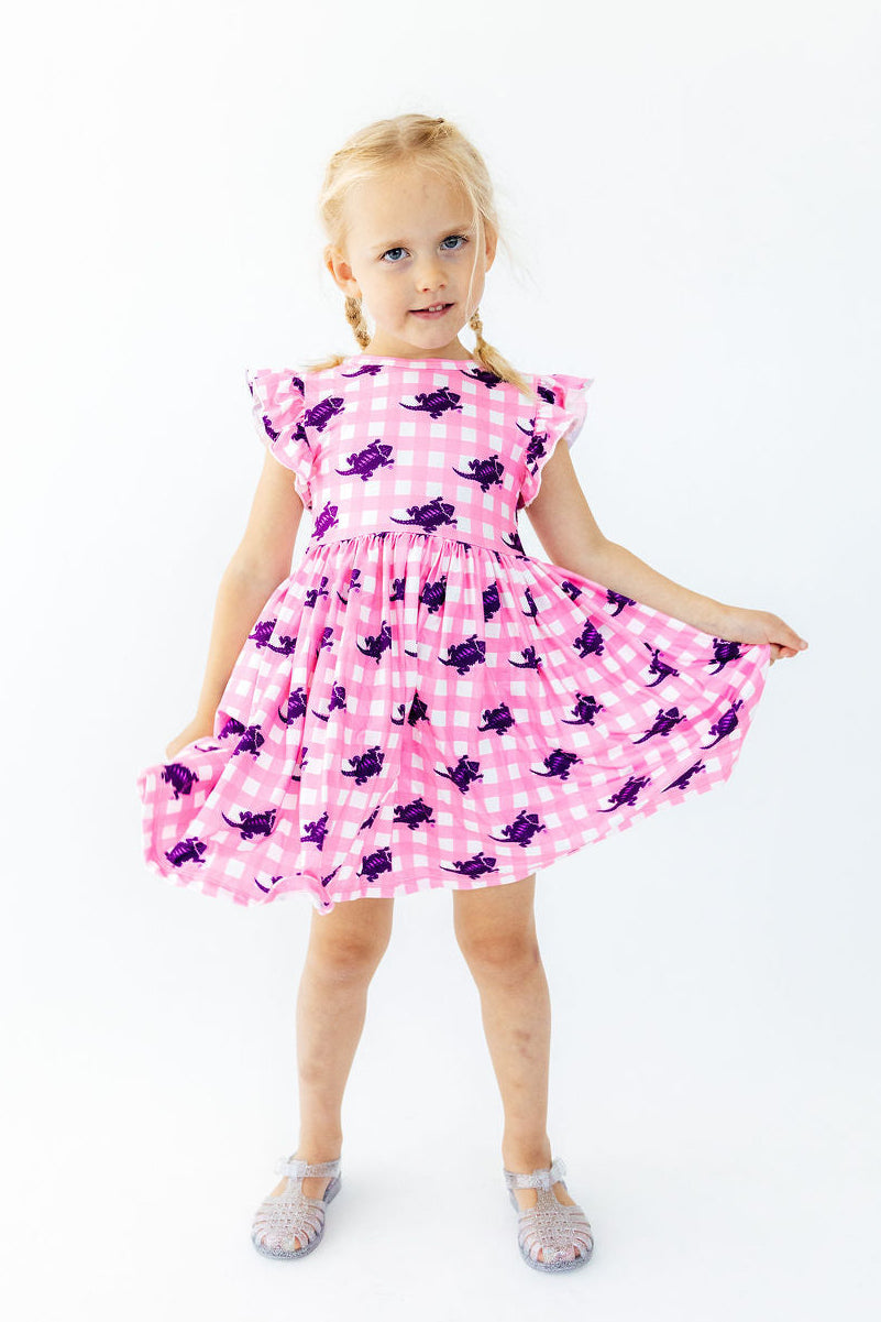 TCU Pink Gingham Frog Flutter Twirl Dress