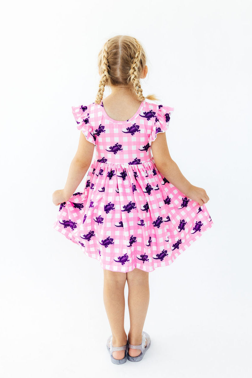 TCU Pink Gingham Frog Flutter Twirl Dress