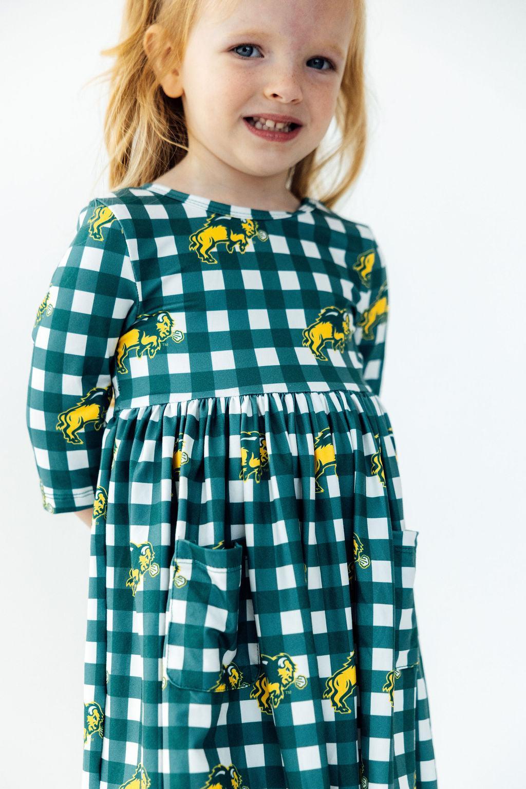 North Dakota State University Plaid Bison 3/4 Sleeve Pocket Twirl Dress