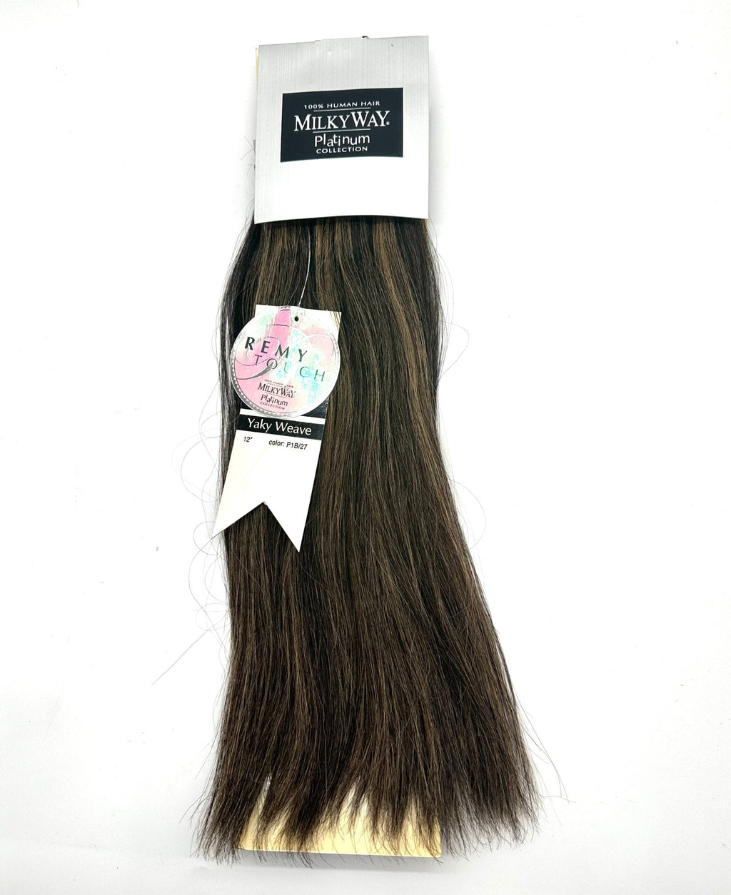 Milky Way Platinum Collection 12-inch Yaky human hair weave in black and brown-blonde highlights.