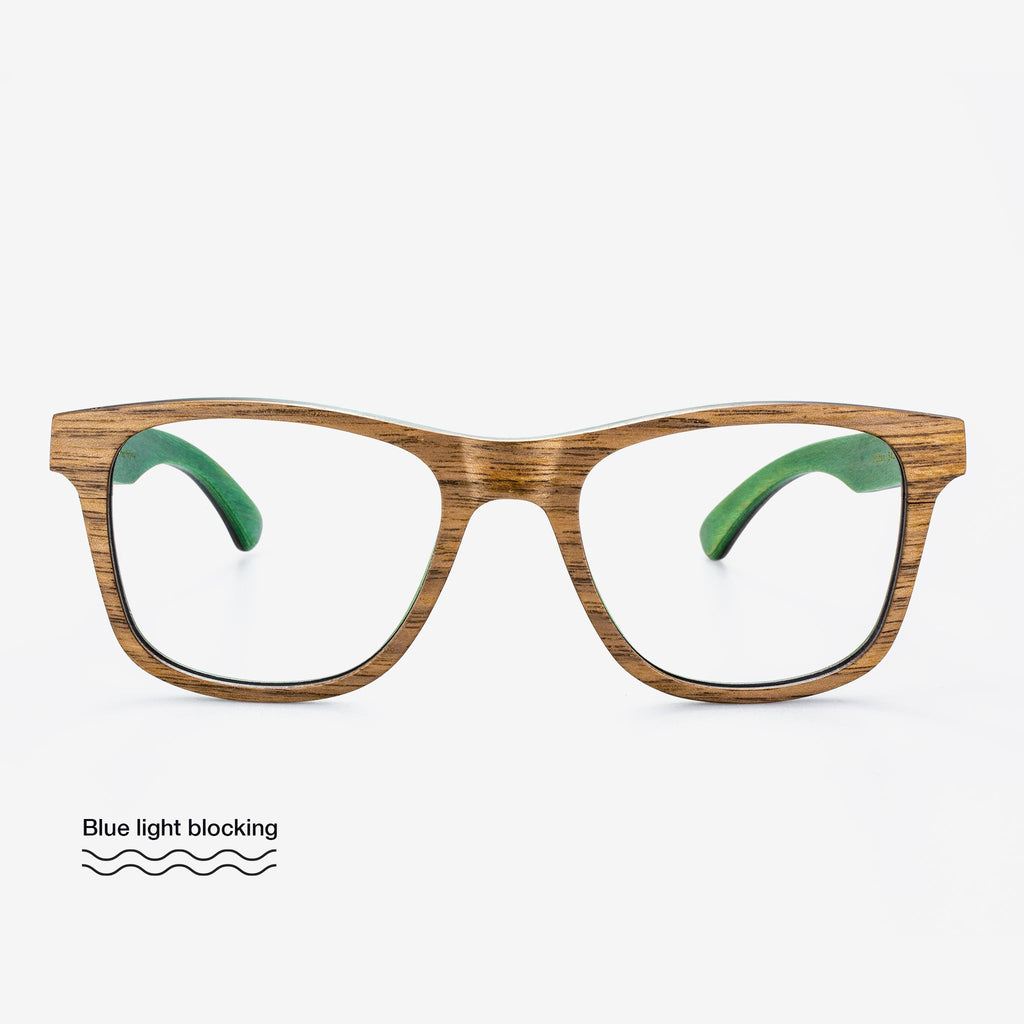 Milton rectangular eyeglasses featuring a fusion of wood and carbon fiber