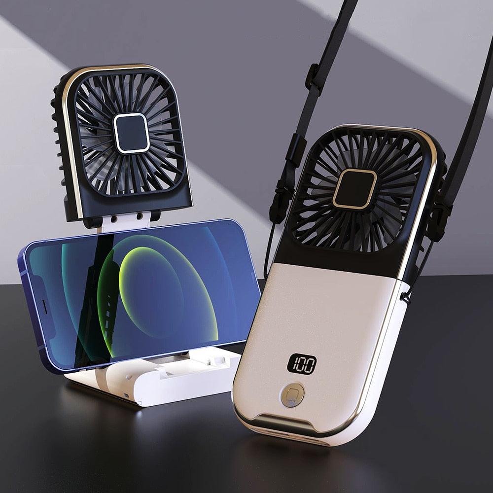 Portable folding neck fan with LED digital display, black and white handheld cooling device for travel