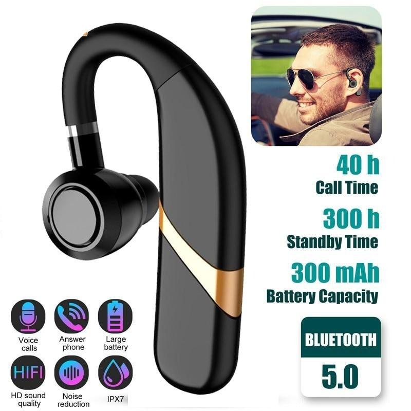 Sleek black wireless Bluetooth mono earbud with ear hook design and microphone.