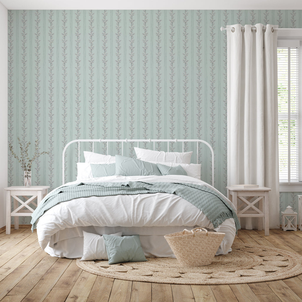 Janie Floral Wallpaper in Blue, White, Charcoal, and Cream