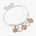 Alex And Ani multi-charm bangle featuring silver and gold symbols including an evil eye, heart, and clover.