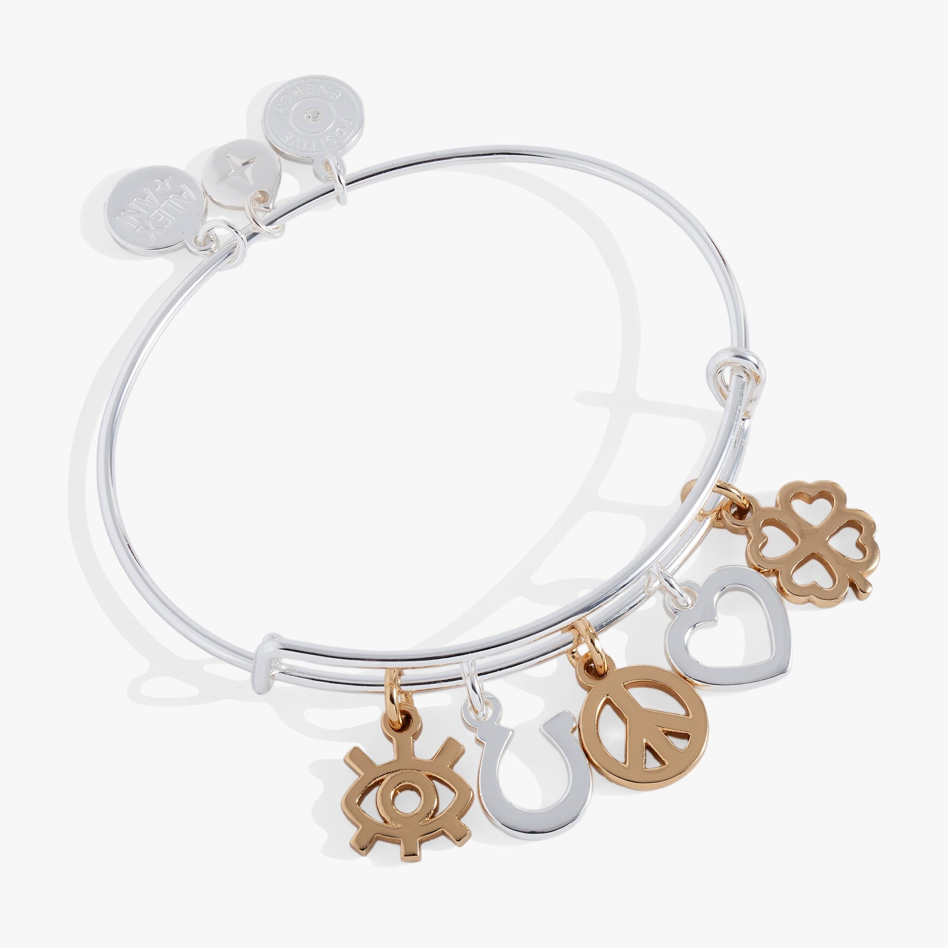 Alex And Ani multi-charm bangle featuring silver and gold symbols including an evil eye, heart, and clover.