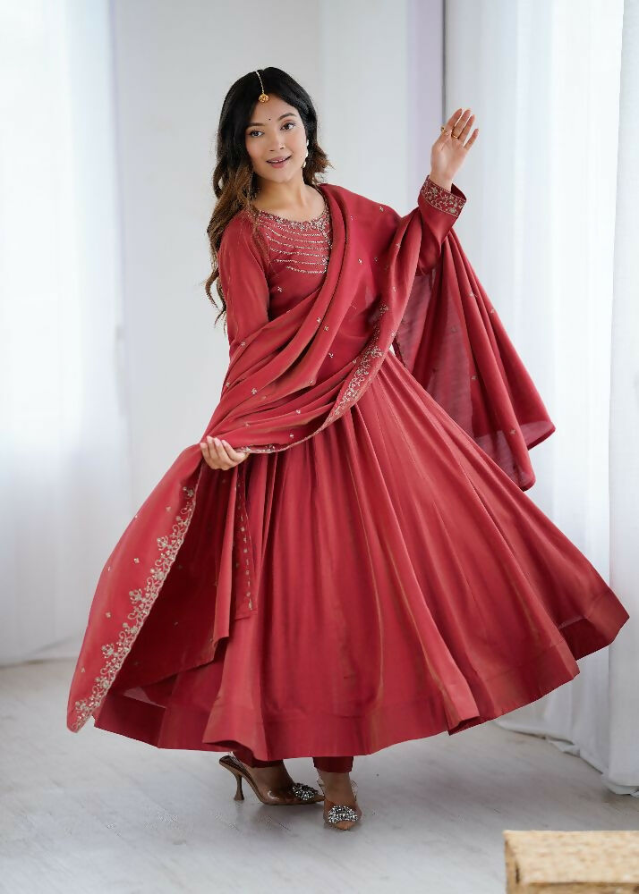 Maroon Chanderi kurta set with sequence embroidery work for women
