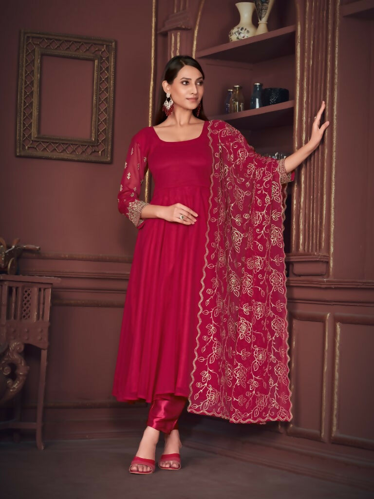 Rani Pink Georgette Embroidered Anarkali Kurta Pant Set with Dupatta