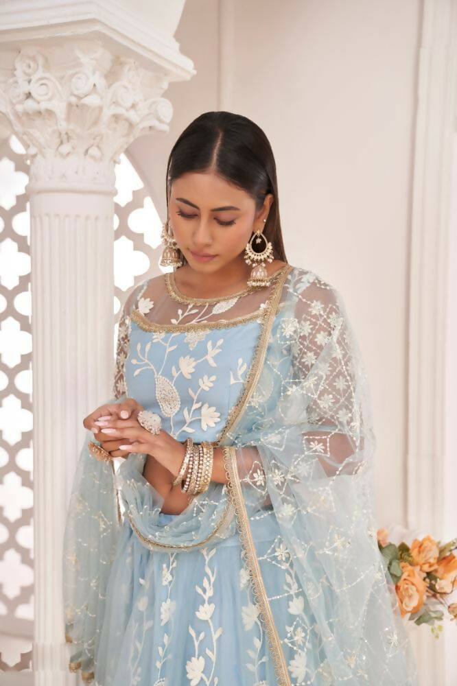 Light Sky Butterfly Net Lehenga Choli with White Thread & Zari