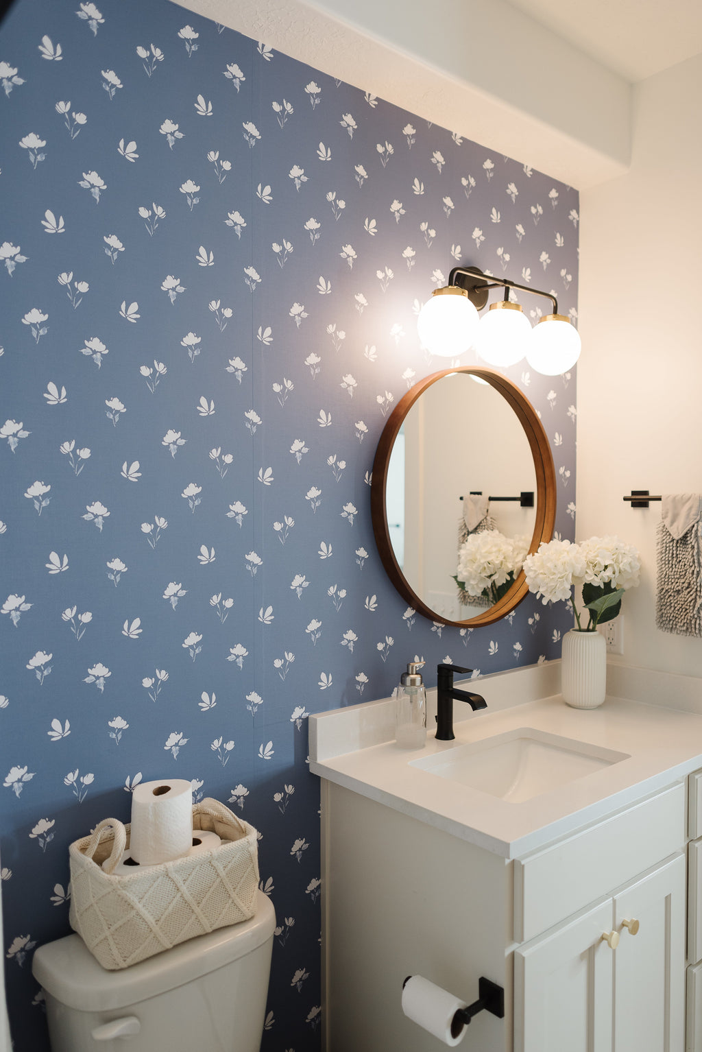 Imogen Floral Removable Wallpaper in Blue, Pink, and White