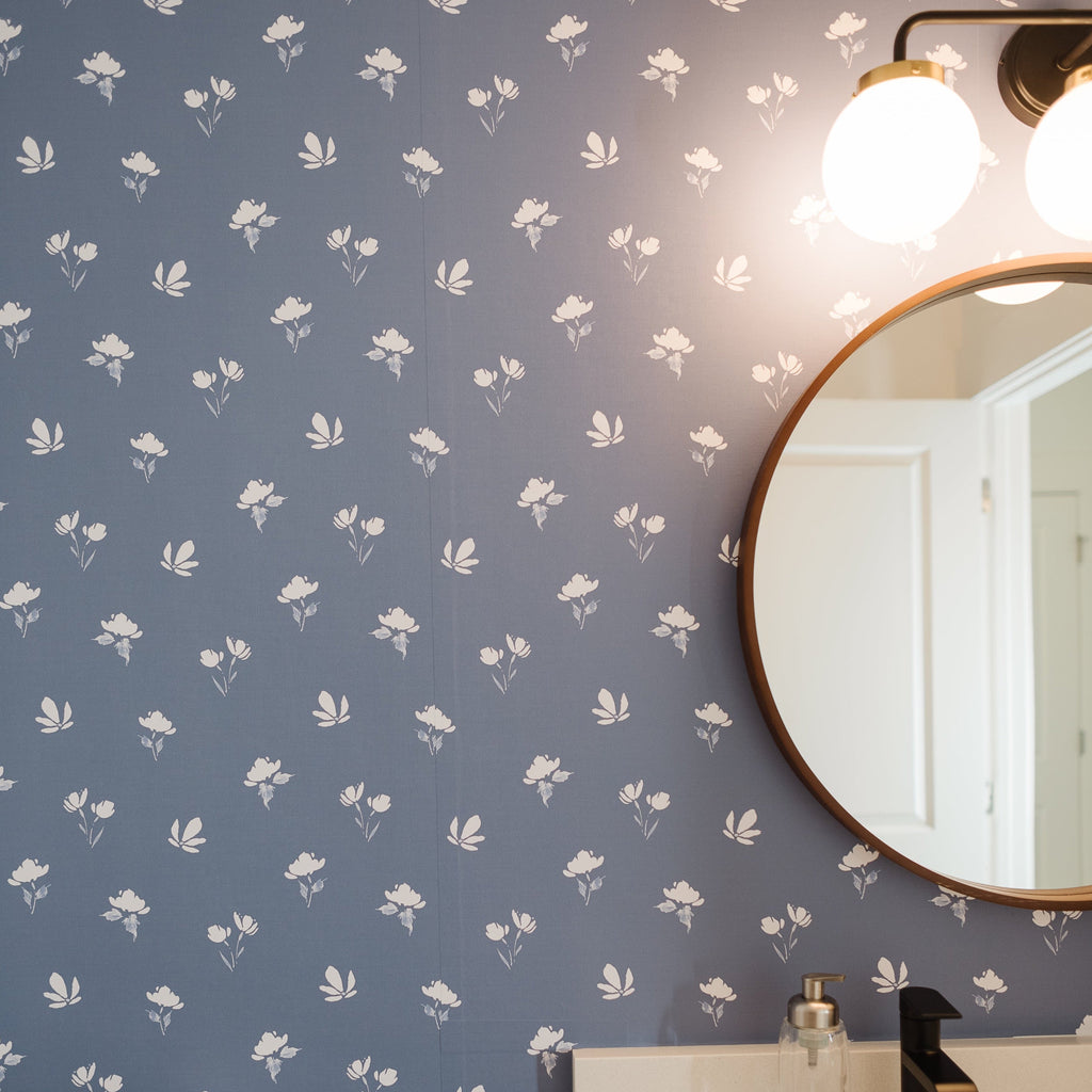Imogen floral removable wallpaper in blue, pink, and white.