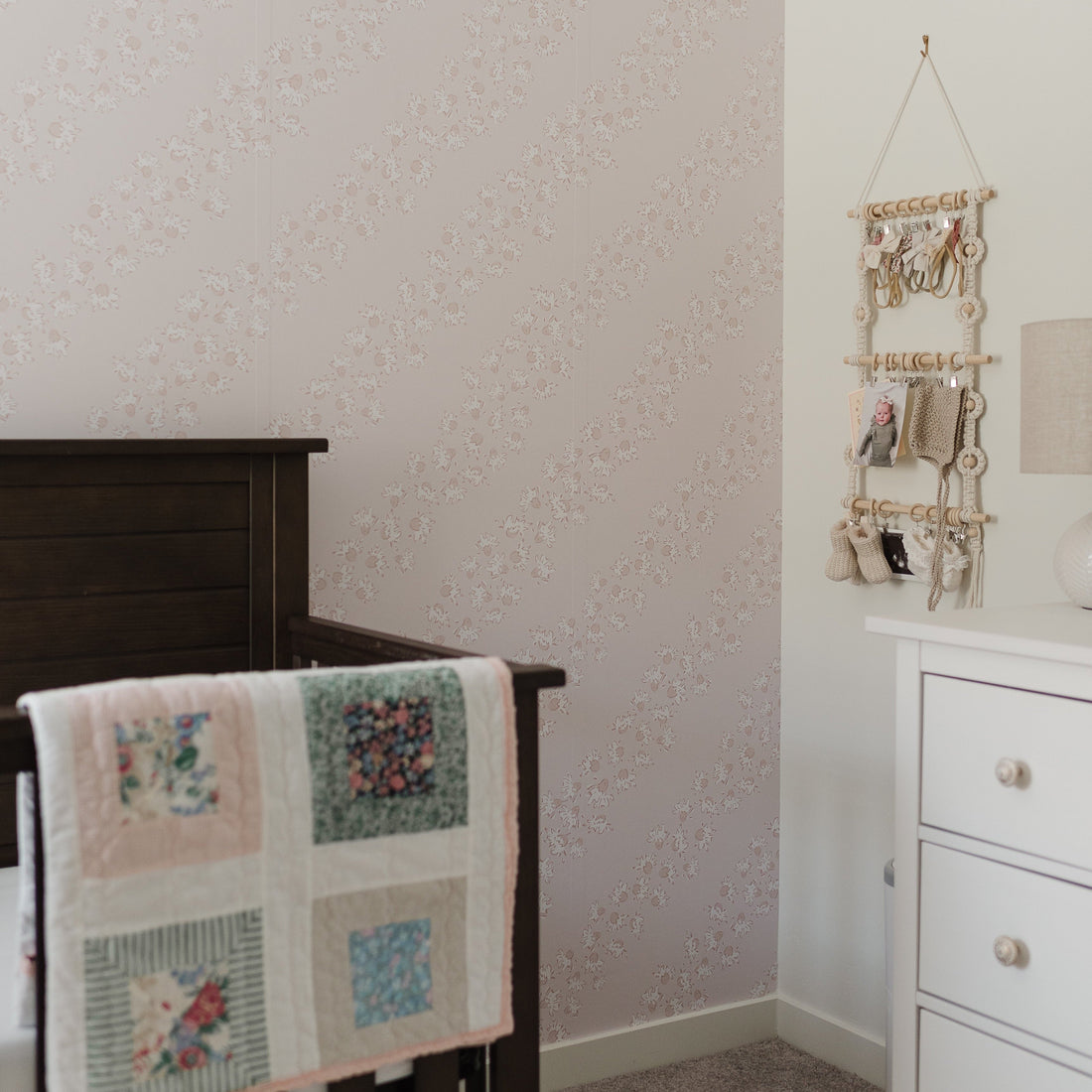 Winnie floral wallpaper in blush-pink and white