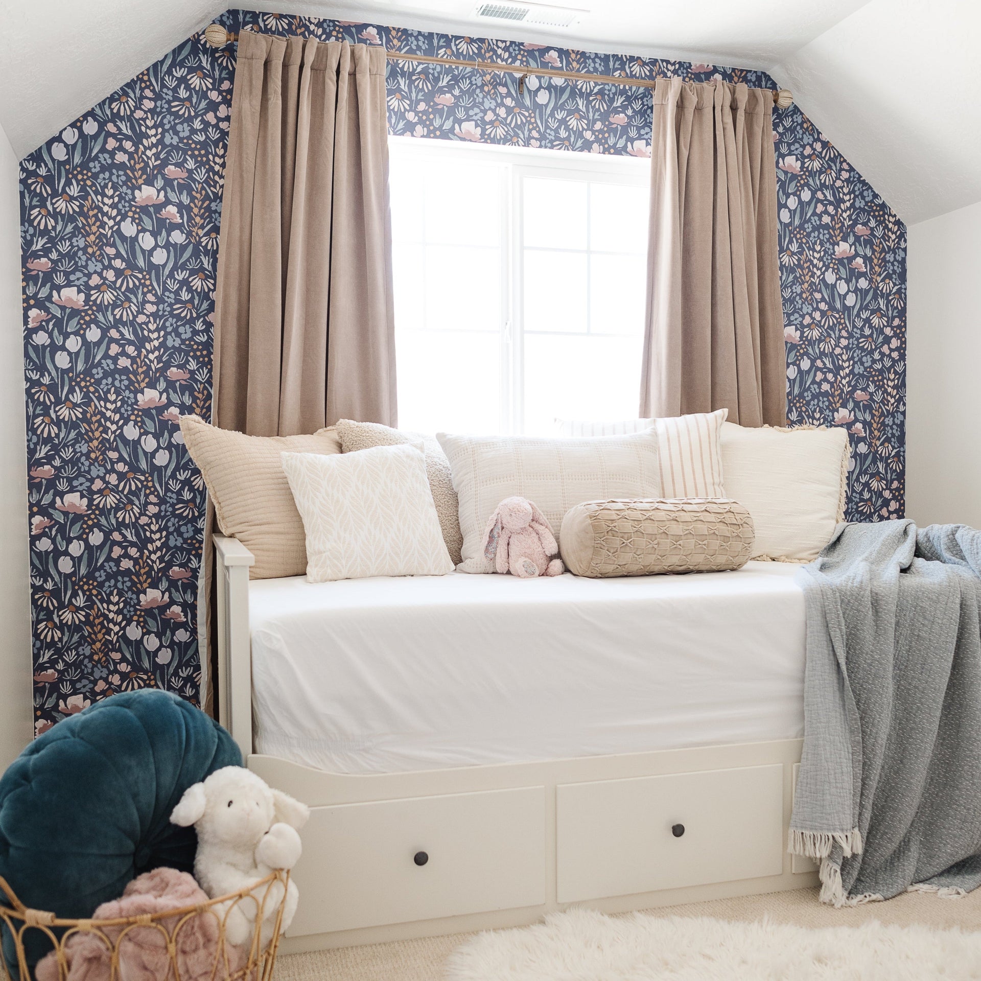 Wysteria bohemian floral wallpaper in navy-blue and dusty-pink.