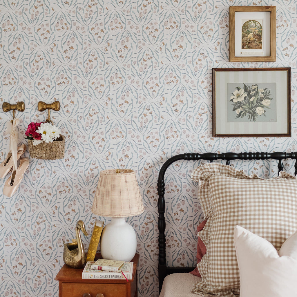 Primrose floral wallpaper in white, pale blue, blush pink, and muted gold.