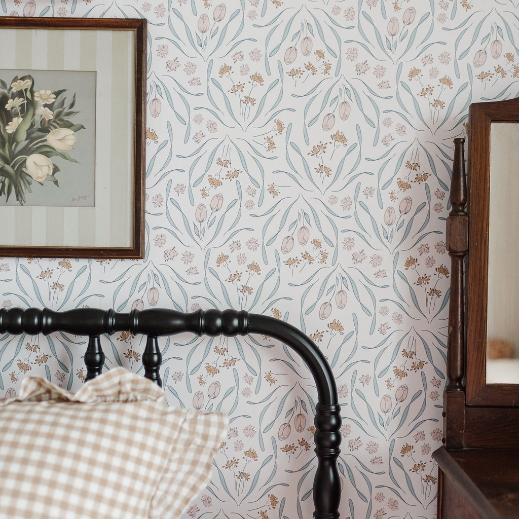 Primrose Floral Wallpaper in White, Blue, Blush, and Gold