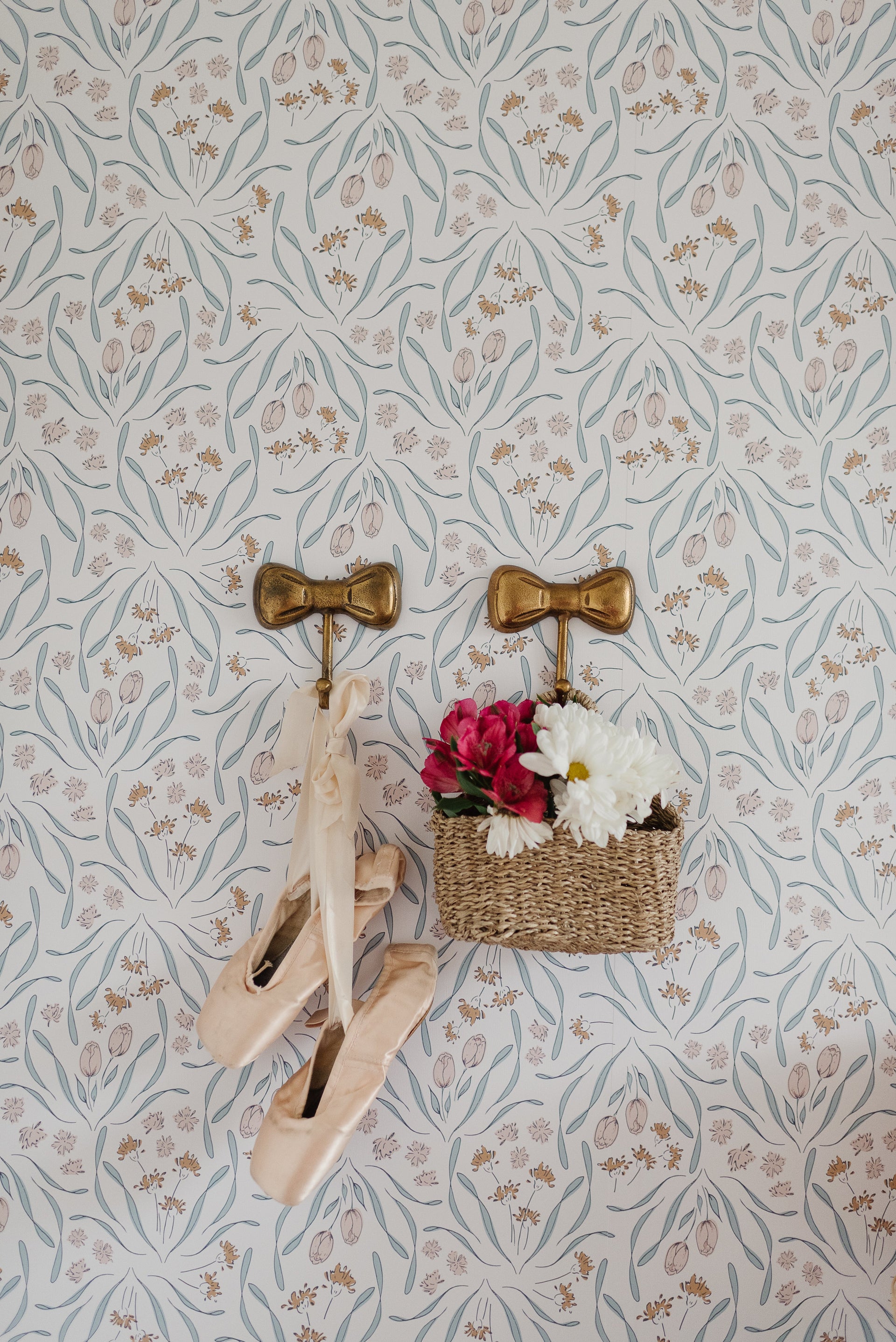 Primrose Floral Wallpaper in White, Blue, Blush, and Gold