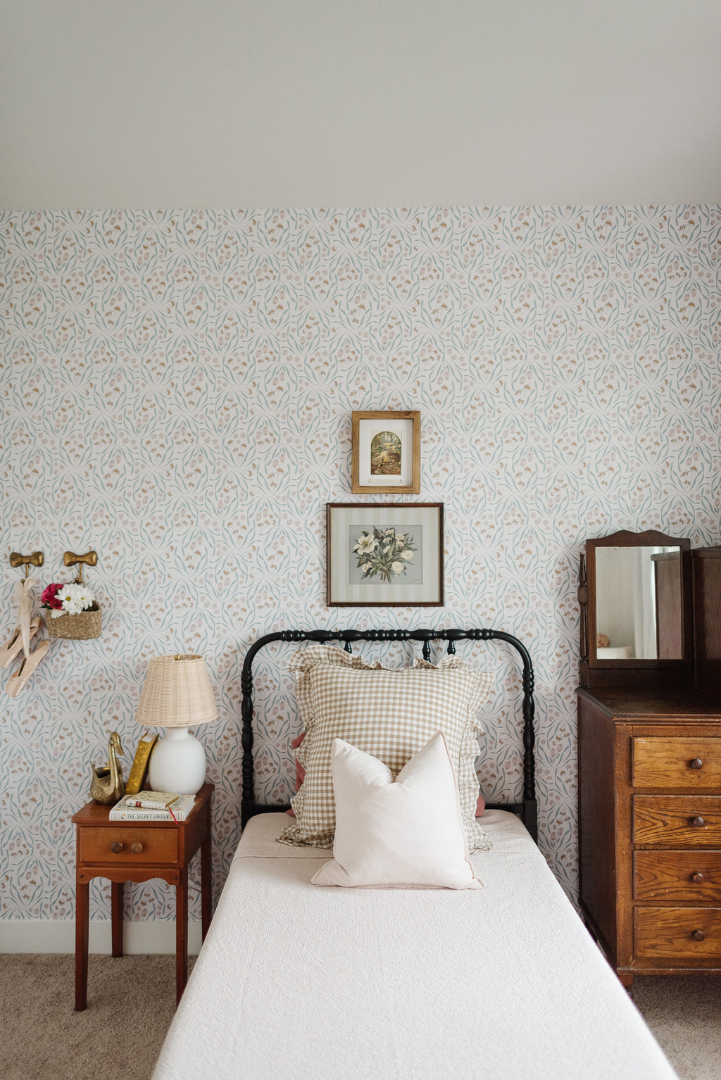 Primrose Floral Wallpaper in White, Blue, Blush, and Gold