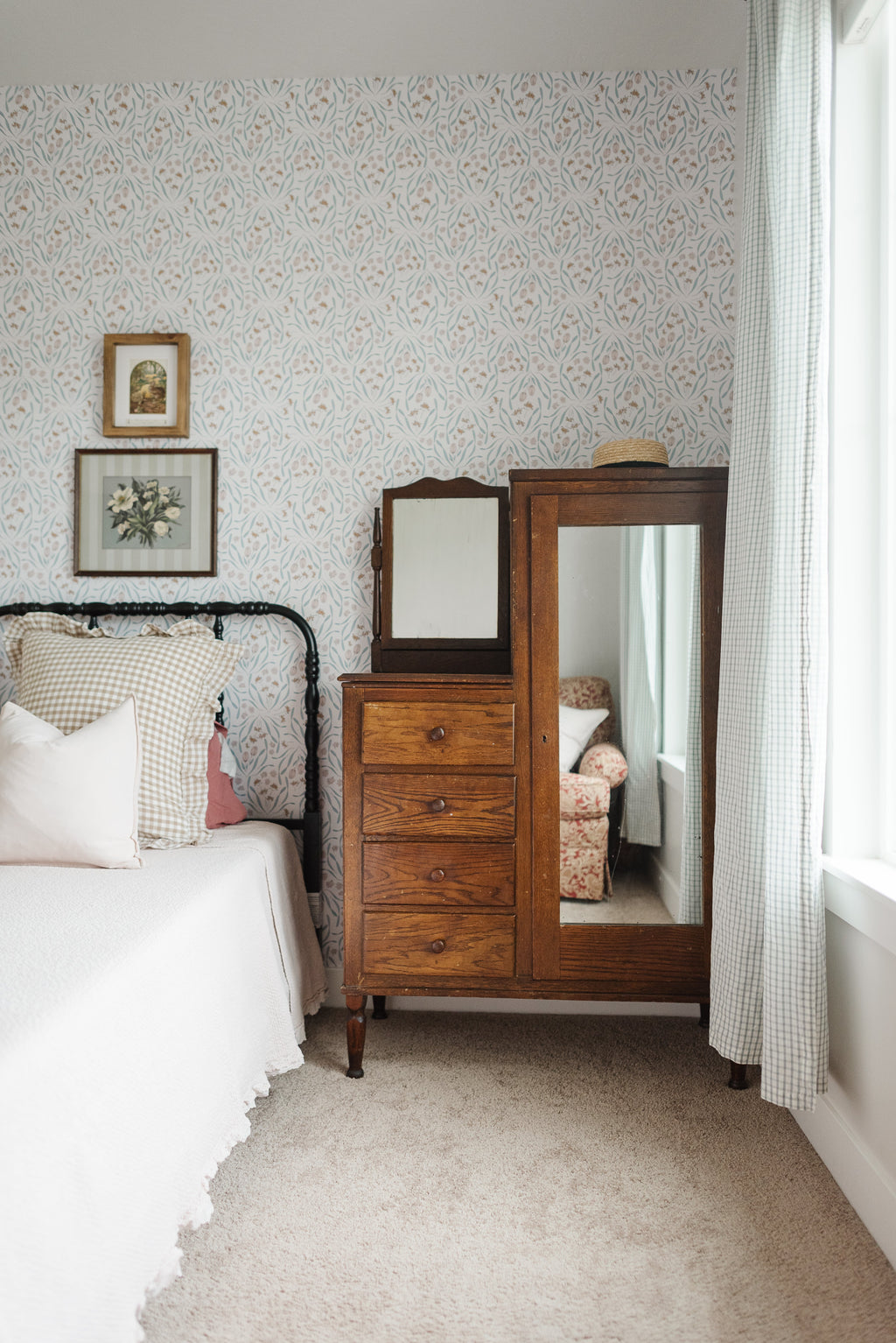 Primrose Floral Wallpaper in White, Blue, Blush, and Gold