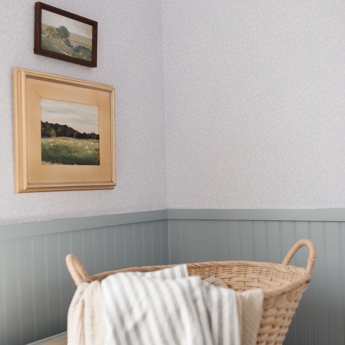 Serena floral wallpaper in pink and light-blue for minimalist home decor.