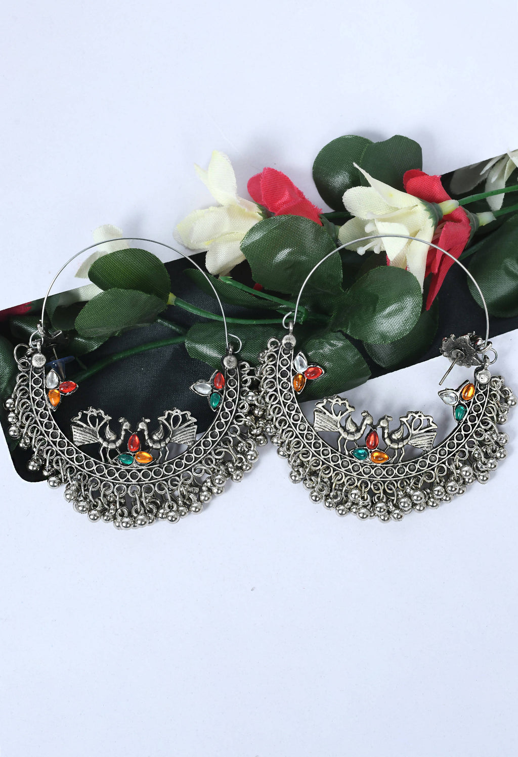 Peacock Design Chandbali Earrings in Silver and Multicolor