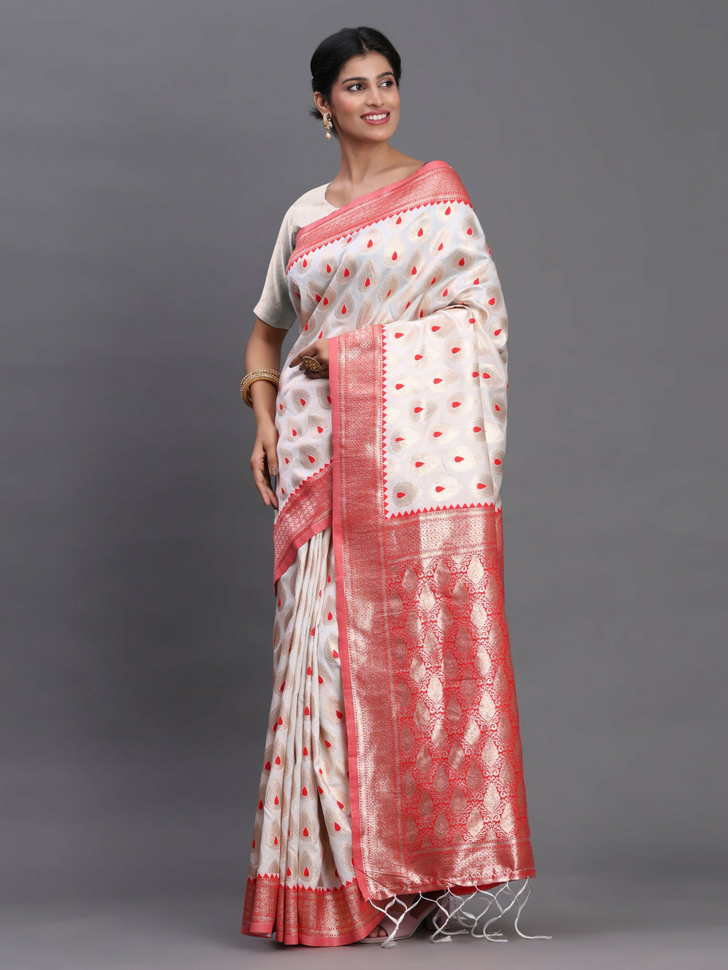 Banarasi Silk Saree in Red and White with Matching Blouse