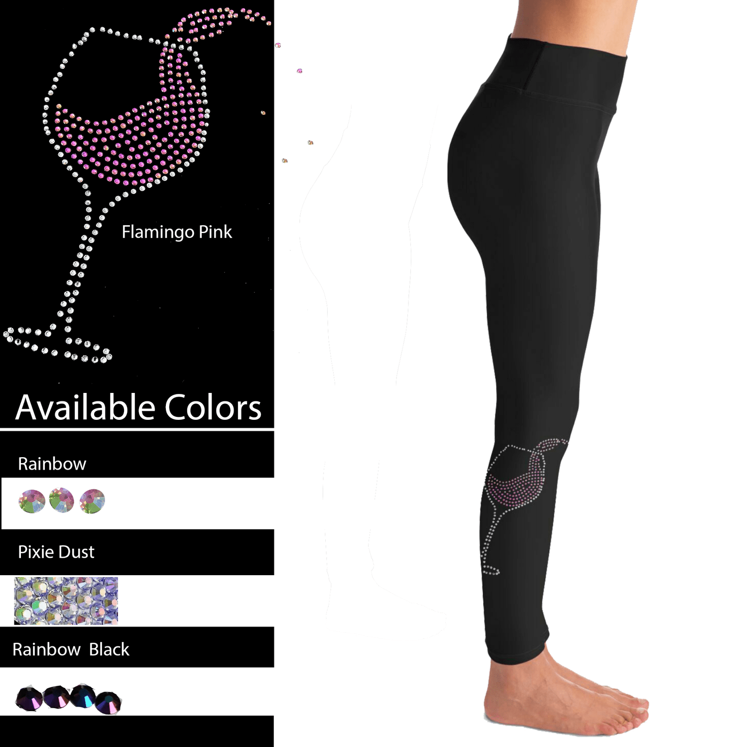 Black leggings with a rhinestone wine glass design and pockets, shown in various color options.