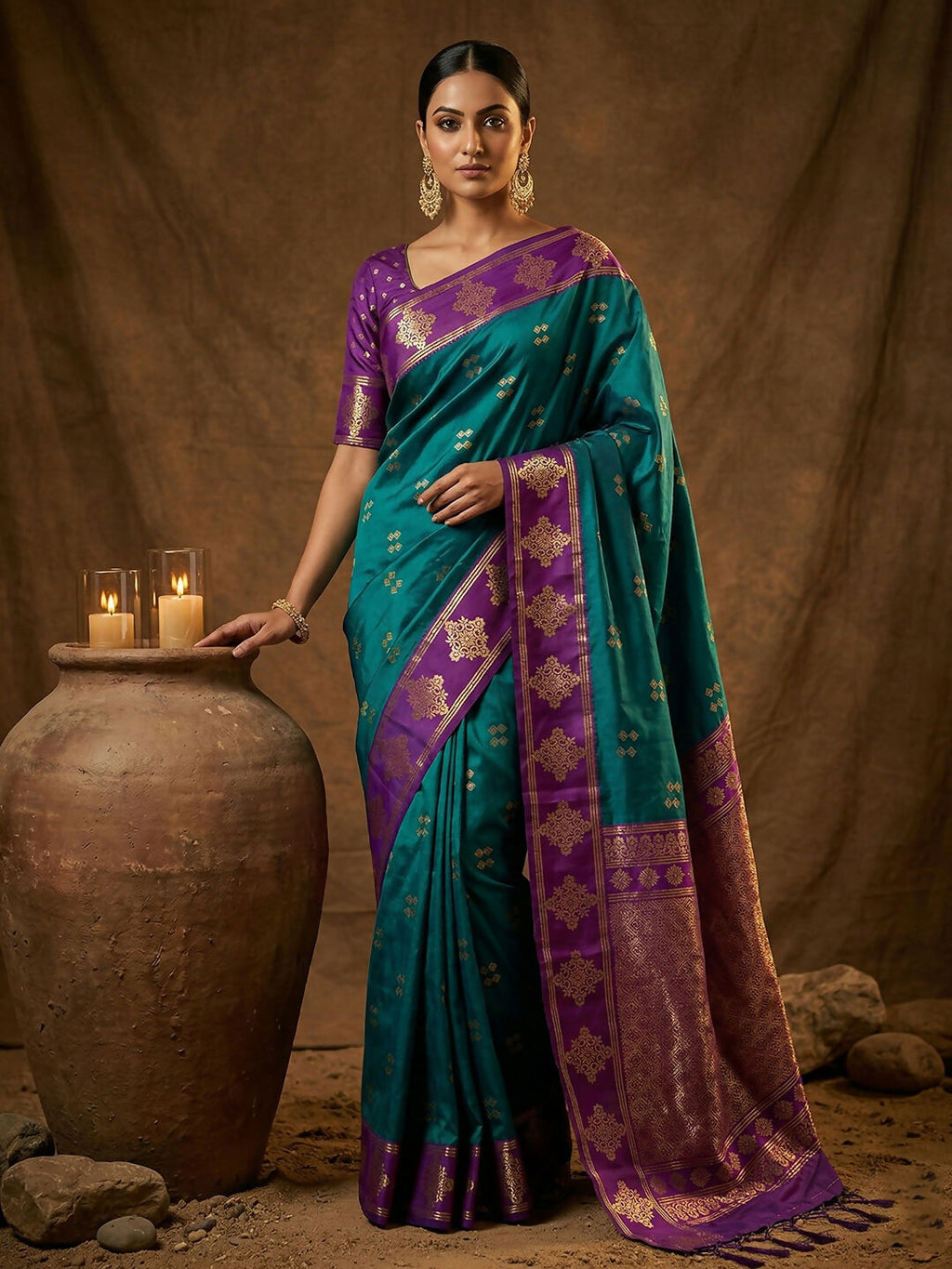 Elegant teal green soft silk saree with matching blouse fabric