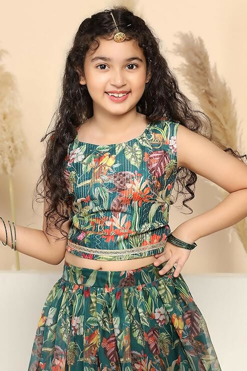 Girl's Green Lehenga Choli in Silk Blend Fabric